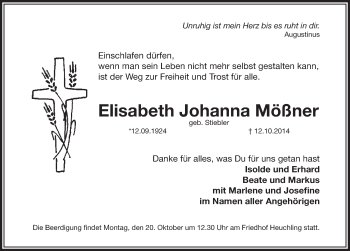 Traueranzeige von Elisabeth Johanna  Mößner von Pegnitz-Zeitung